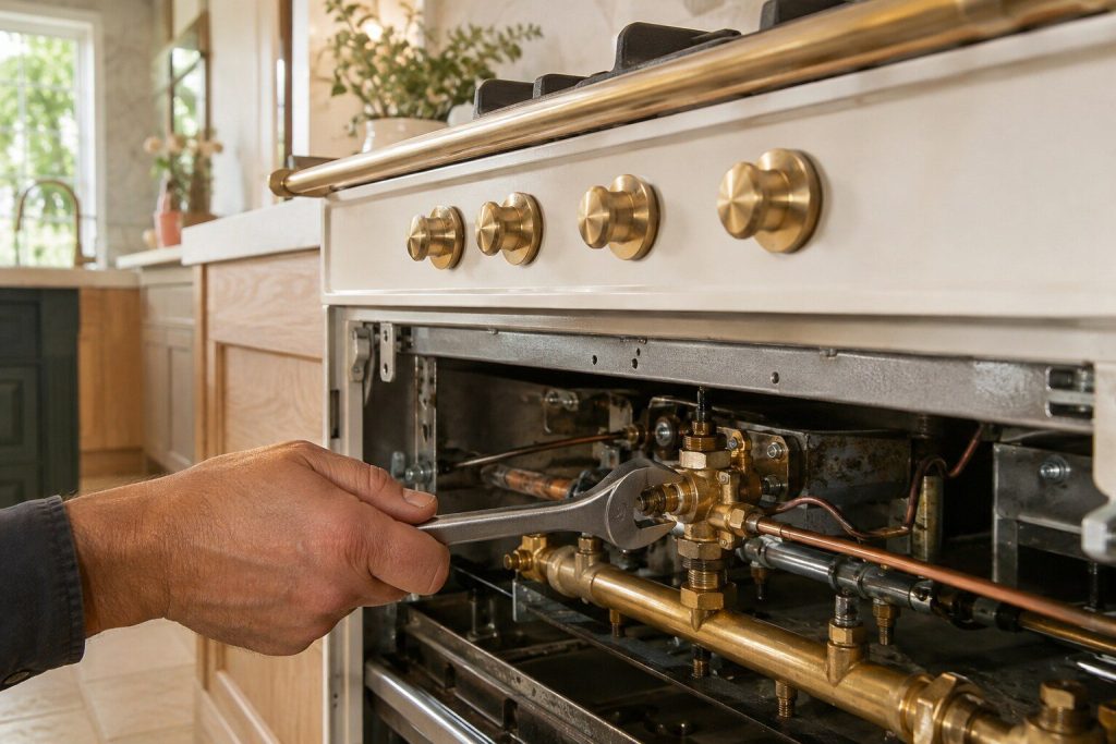 An open-ended spanner on the thermocouple nut at the back of a brass gas valve body, seen behind the removed front rail of a range with the valve manifold exposed along the frame.
