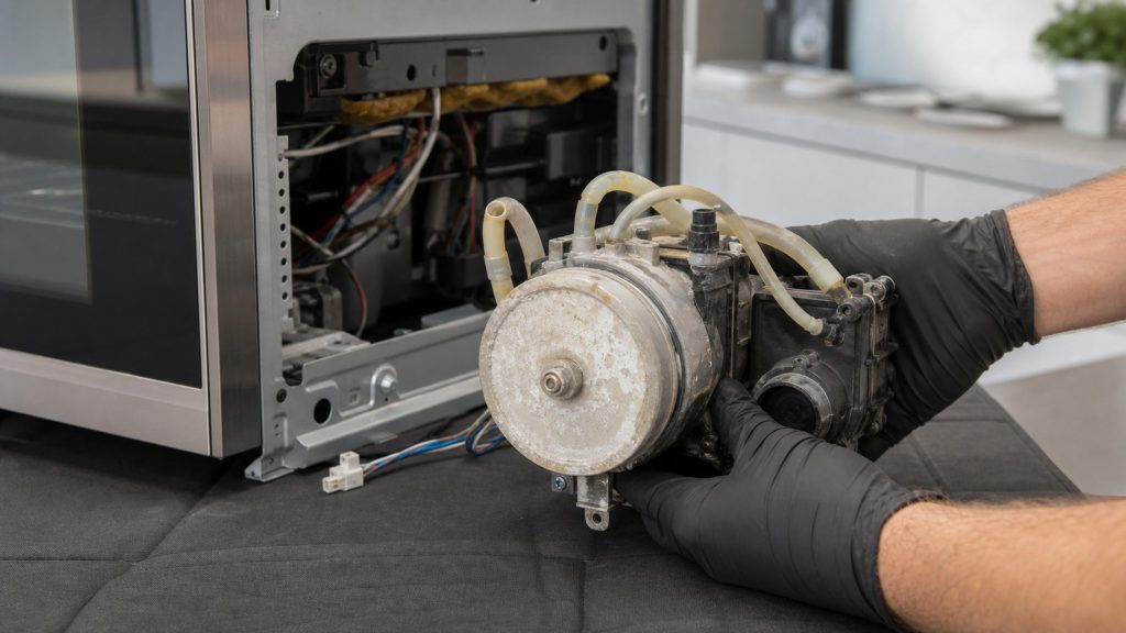 The oven pulled out onto a mat with its side open, wiring and insulation visible, the generator assembly with pump, hoses and a heavily scaled boiler in both hands.