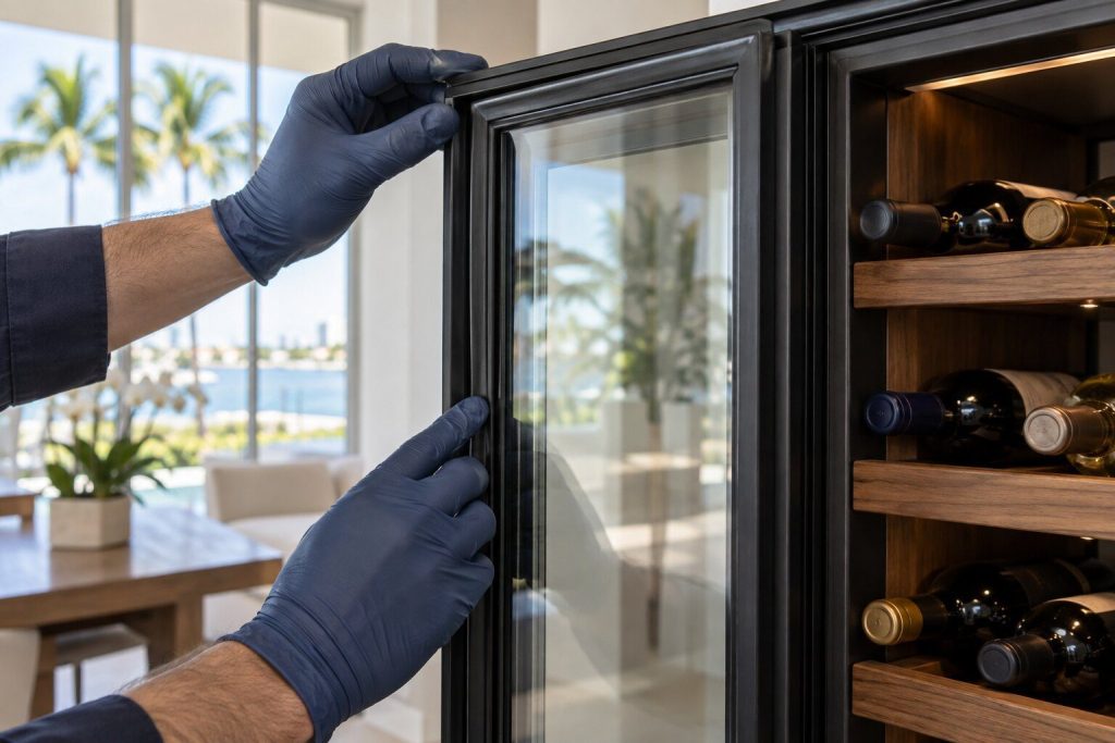 Gloved fingers running along the black perimeter gasket of an open glass wine-cabinet door, bottles on walnut shelves behind