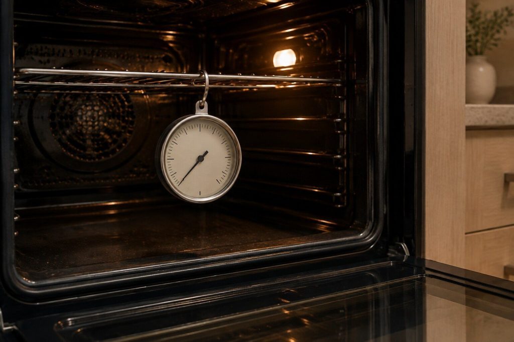 A round oven thermometer hanging from a wire rack inside a lit oven cavity, photographed through the open door.