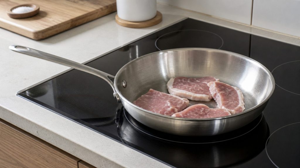 A frameless black cooktop with printed zone circles, a heavy pan on one of them holding raw meat that has not begun to cook, a chopping board and salt behind.