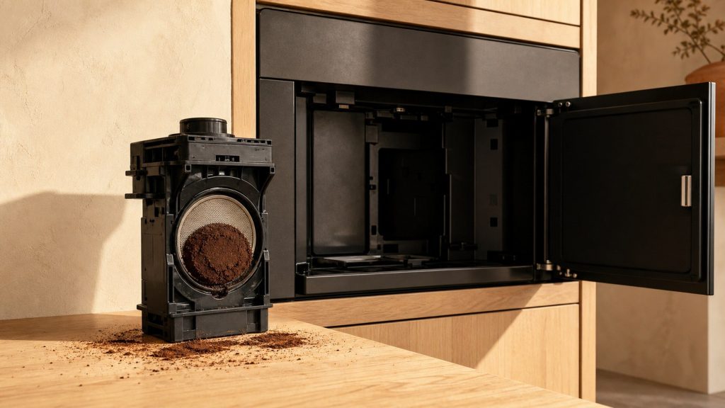 The removable brew group of a built-in automatic coffee machine standing on a pale oak counter beside the open machine, its stainless mesh screen and plastic body facing the camera, a spent coffee puck still pressed into the screen, fine grounds scattered on the wood.