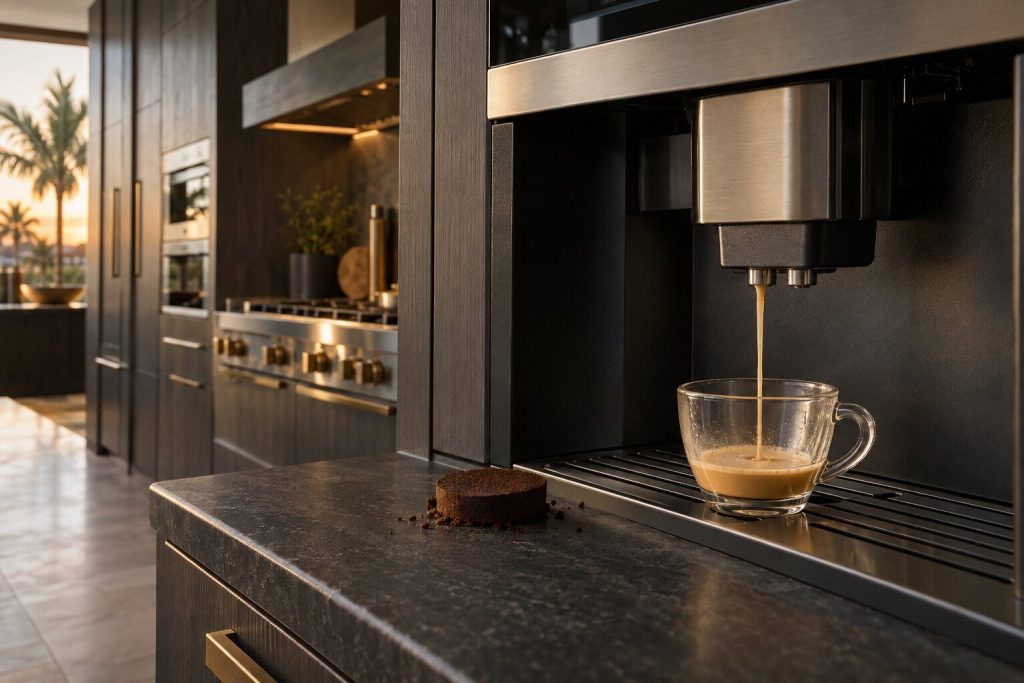 A short espresso pulled pale and thin into a glass cup under a built-in coffee system, a spent puck on the counter beside it.