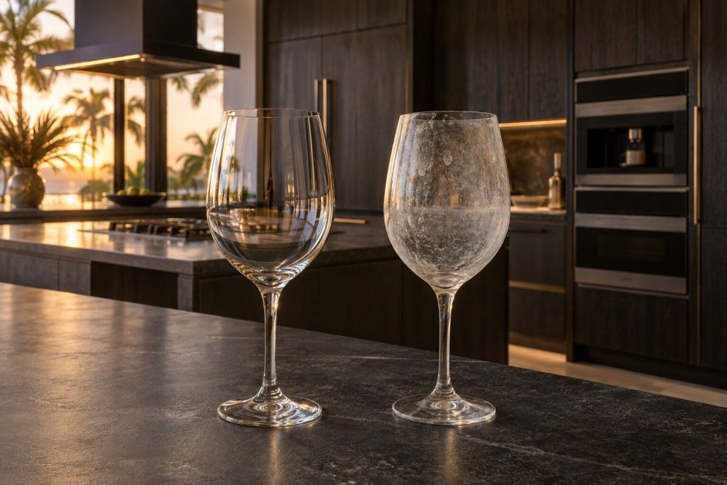 Two wine glasses standing on a dark worktop, one clear and one dulled with a mineral film, lit from behind.