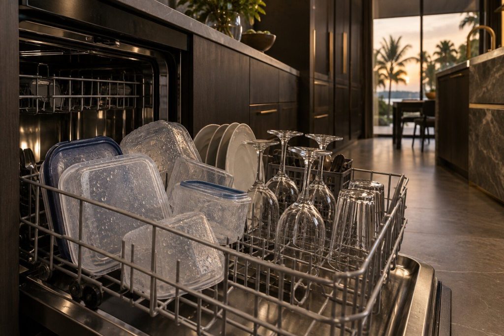 An open dishwasher basket of plastic containers beaded with water beside glass that is dry.