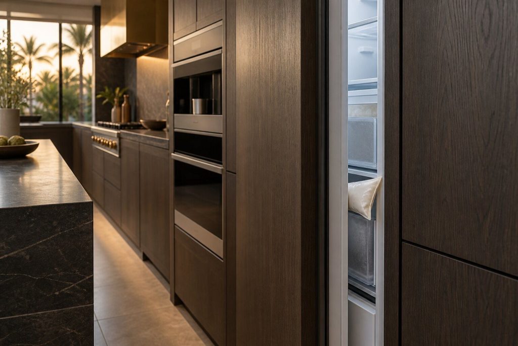 A freezer column door standing a finger-width off its seal with a packet caught at the edge of the drawer behind it.