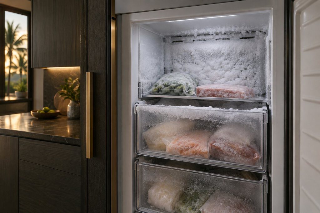 The inside of a freezer column with frost furred along the back wall and around the edge of a drawer, packets dusted white.