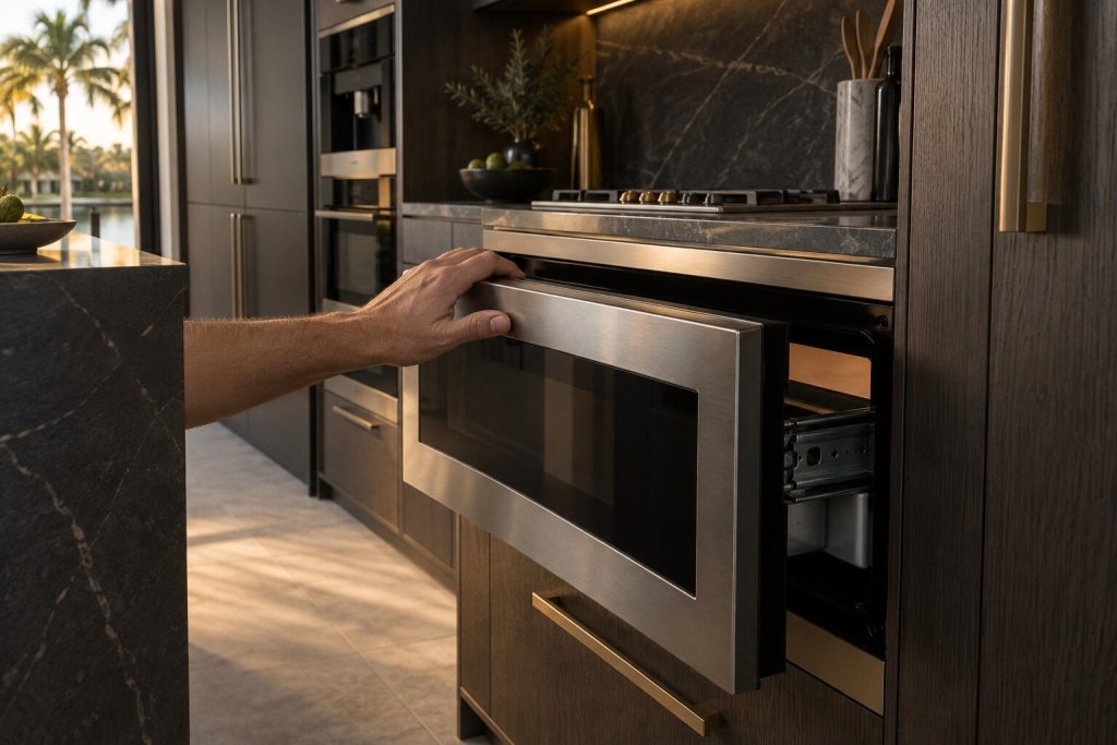 A microwave drawer stopped a hand’s width short of open with a hand on the front edge, the runner visible in the gap.