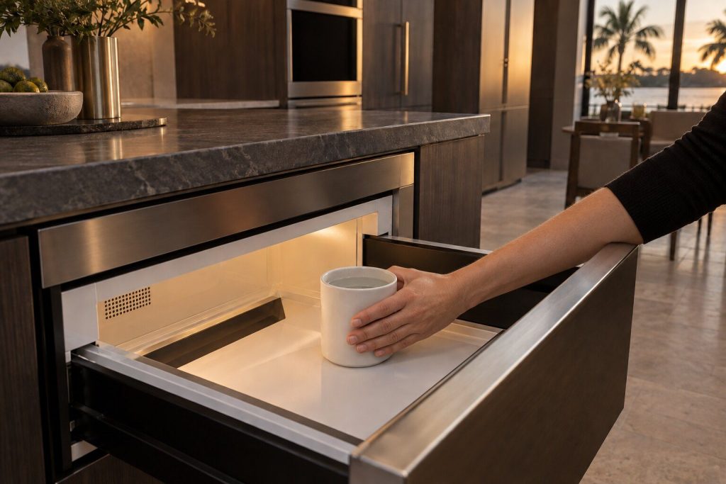 An open microwave drawer with a mug of water standing in the cavity and a hand resting on the cold mug.