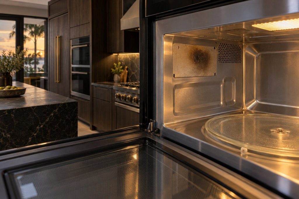 The interior of a microwave cavity photographed with the door open, a scorched patch on the mica panel high on the side wall.