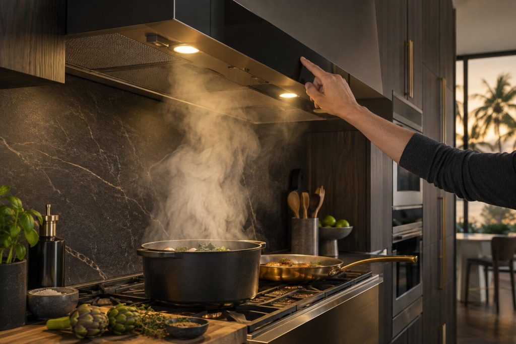 A hand at the glass touch control of a pro-canopy hood with the lamps lit and nothing moving, steam rolling past from the cooking surface below.