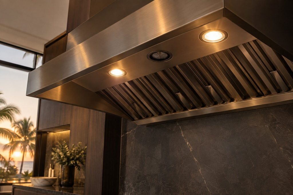 A pro-canopy hood seen from below with one lamp aperture dark and the others lit, the baffle filters in shadow.