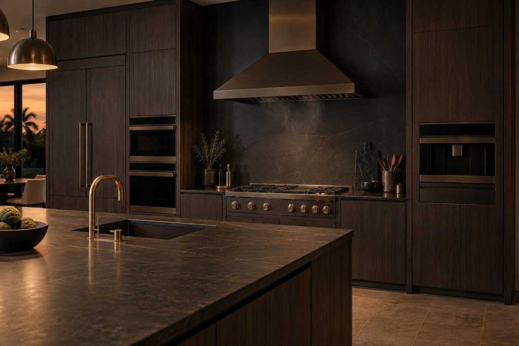 An empty dark kitchen at night with a canopy hood running above a cold cooking surface, its lamps off.
