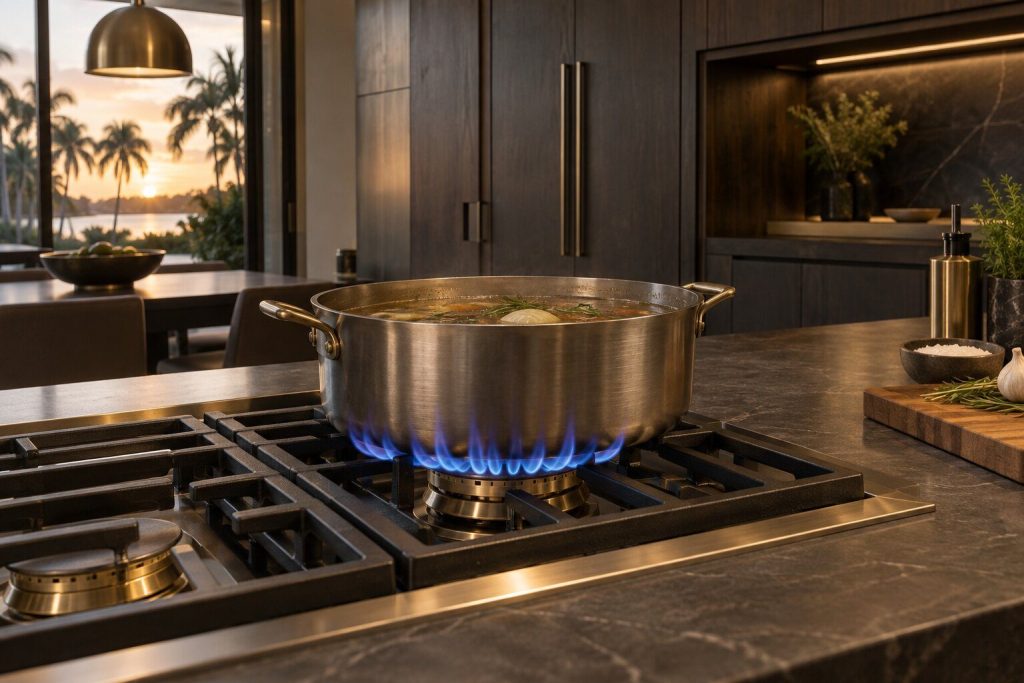 A wide pan of stock on a brass burner at its lowest setting with the flame visibly too tall under it.