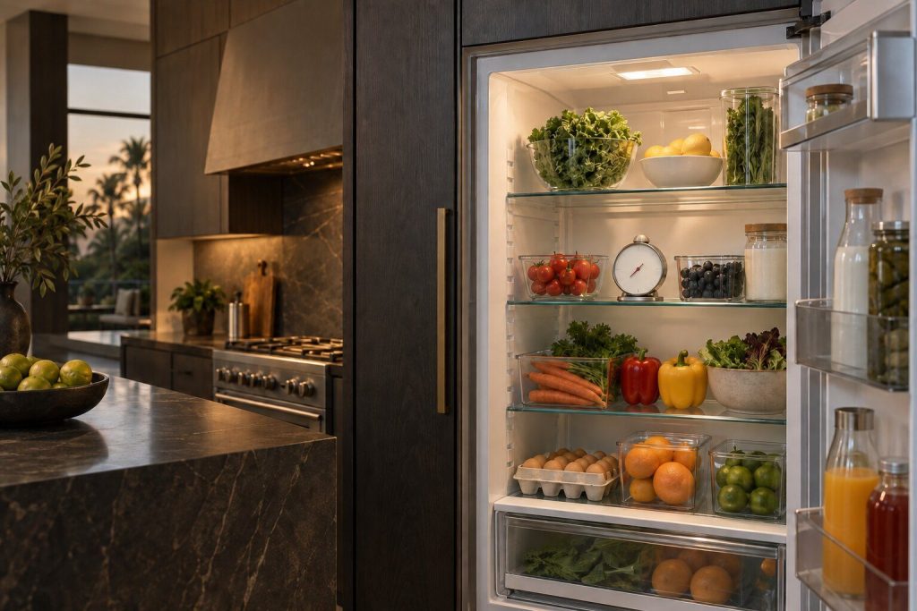 A dial thermometer standing on a shelf inside the open compartment of a panel-ready refrigerator column, ordinary food around it, the interior light on.