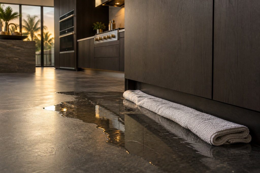 A thin spread of water on a dark stone floor at the foot of a run of fitted cabinetry, a folded towel laid along the kickboard.