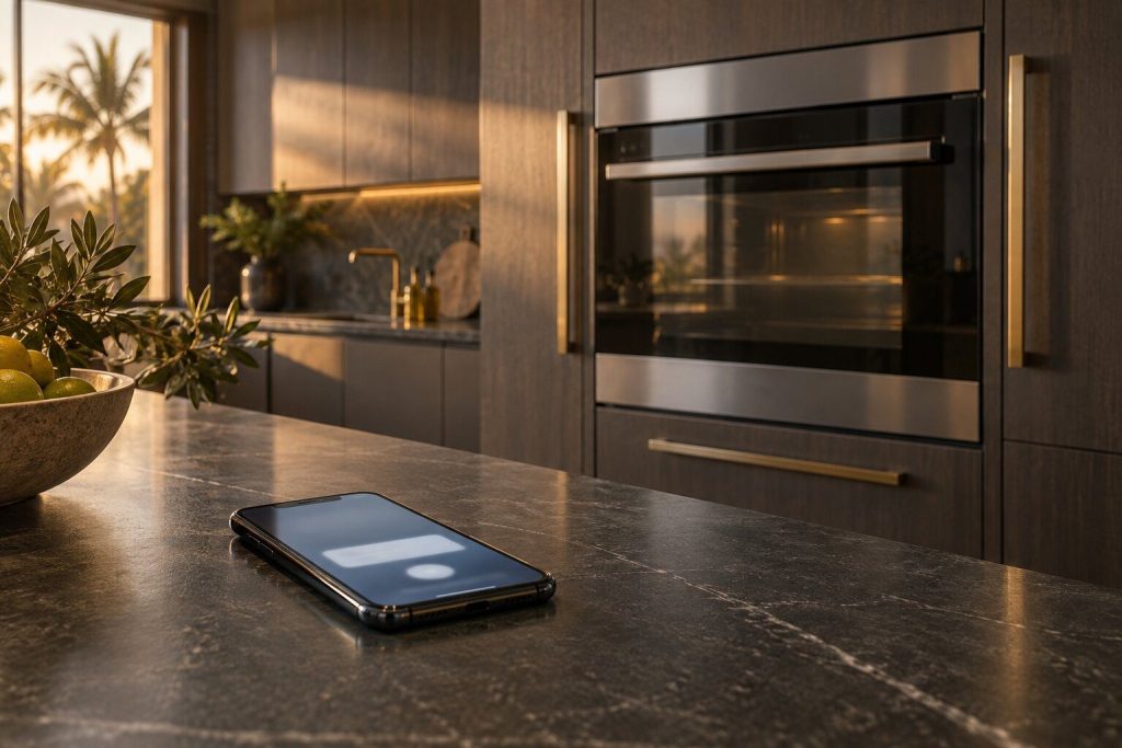 A phone on a dark stone worktop showing a connection dialog too small to read, a built-in oven out of focus behind it.