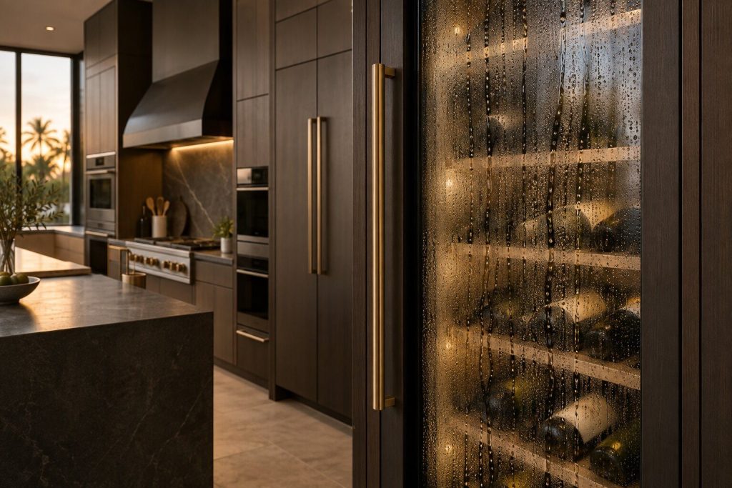 The outer glass of a wine column door running with condensation in a warm kitchen, the bottles behind it softly out of focus.